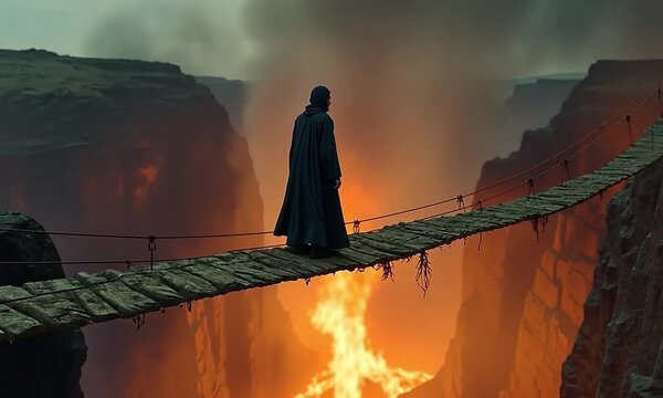 muslim man crossing sirat bridge