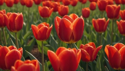 Obraz premium Vibrant red tulips bloom in a picturesque field, showcasing nature's beauty during springtime. Generative AI