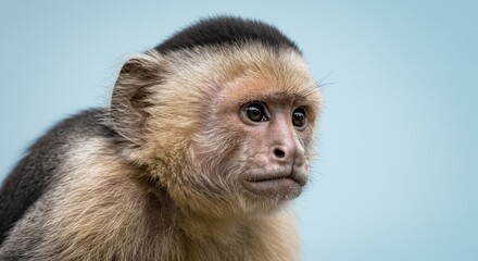 Obraz premium Thoughtful capuchin monkey portrait against soft blue background for nature and wildlife concepts