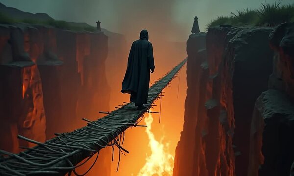 muslim man crossing sirat bridge