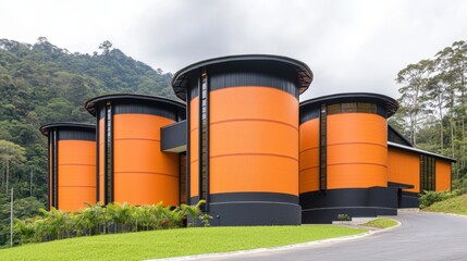 Obraz premium Modern architectural building with vibrant orange cylindrical structures surrounded by lush greenery. Unique design blends contemporary style with a natural forest backdrop, AI
