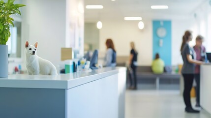 Dog at reception desk in modern veterinary clinic