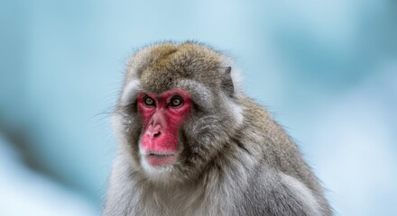 Obraz premium Japanese macaque portrait in natural habitat with blue background
