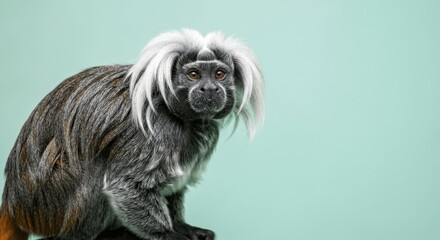 Stunning portrait of a cotton-top tamarin against pastel green background