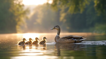 Fototapeta premium Mother duck with ducklings on a calm river at sunrise.
