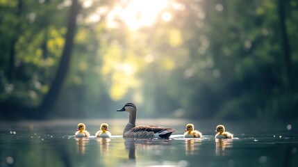 Fototapeta premium Mother duck with ducklings on a tranquil river in a sunlit forest.