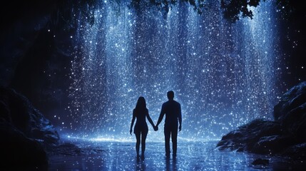 Obraz premium Couple silhouetted against magical waterfall.