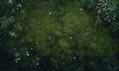Lush green grass with scattered daisies, overhead view.