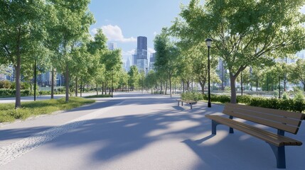 Fototapeta premium Serene park pathway lined with vibrant trees.