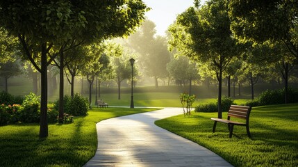 Fototapeta premium Serene park pathway surrounded by lush trees.