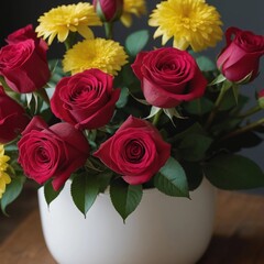 Fototapeta premium Bright bouquet of red roses and yellow daisies in a modern ceramic vase showcasing floral beauty in a cozy interior setting. Generative AI