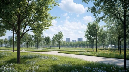 Obraz premium Serene park with lush greenery and blue skies.