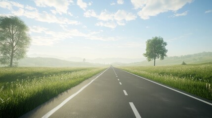 Fototapeta premium Serene road through lush green fields.