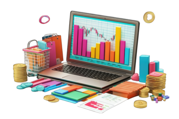 A laptop displaying financial graphs surrounded by various business-related items.