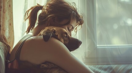 Nostalgic Feelings: memories of childhood and the joy of growing up with a loyal pet, ideal for sentimental designs. Girl hugging dog