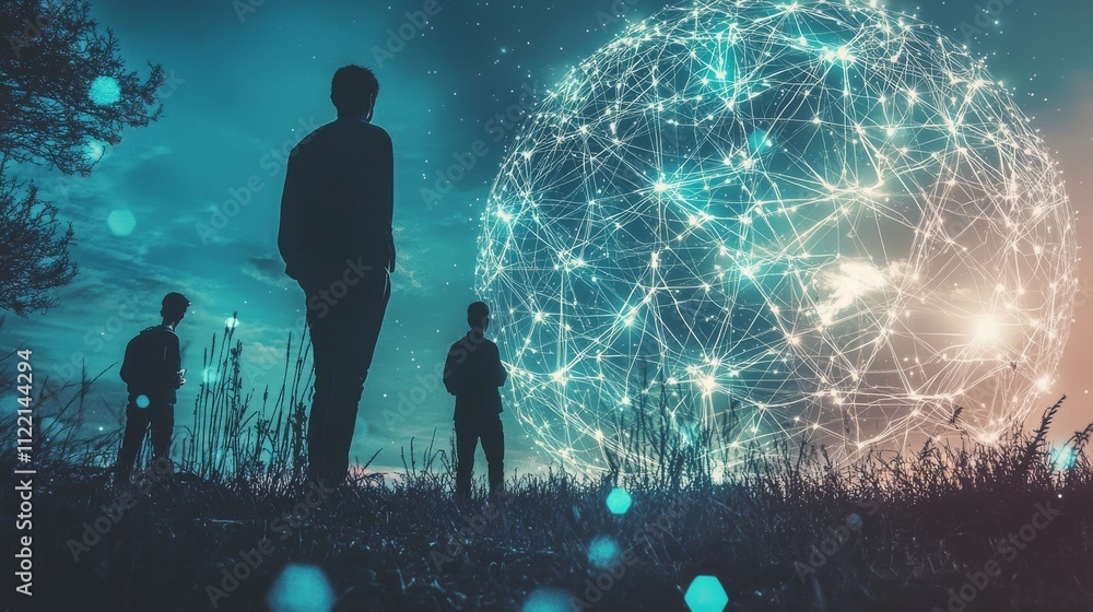Poster silhouetted figures observe a digital network.