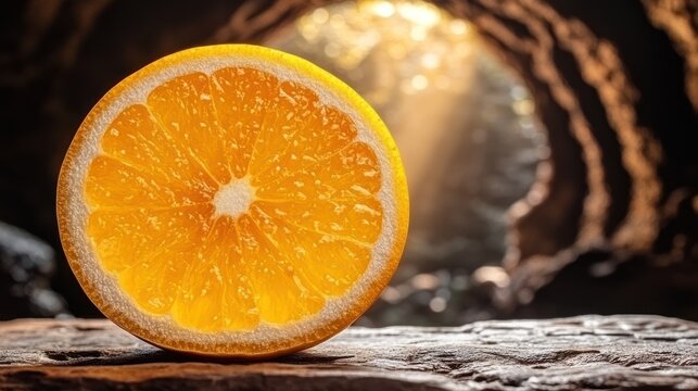 Orange slice backlit in cave.