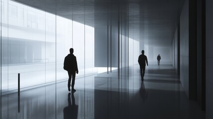 Fototapeta premium Silhouettes of people in a modern workspace.