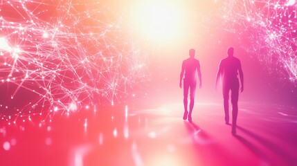 Fototapeta premium Silhouettes walking in vibrant digital landscape.