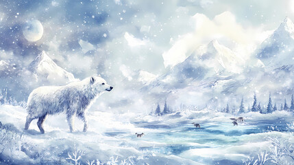 Fototapeta premium Snowy tundra with arctic animals, frozen ecosystem, watercolor style. snowy tundra. illustration. Tundra. Illustration