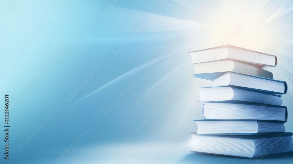 Poster stack of books shining with light.