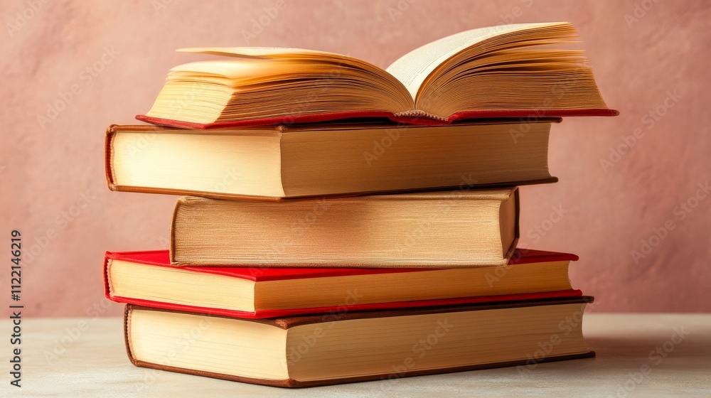 Poster stack of books with an open book on top.