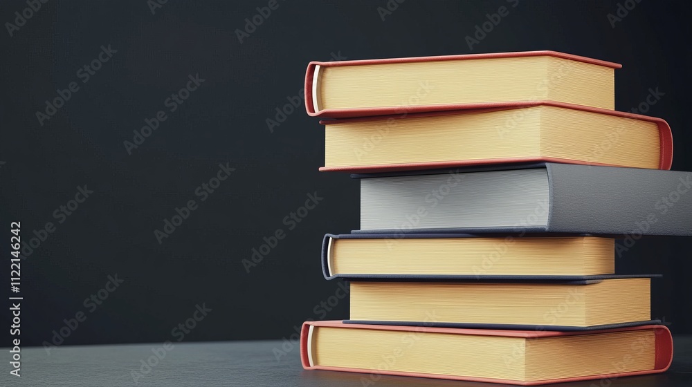 Poster stack of colorful books on a table.