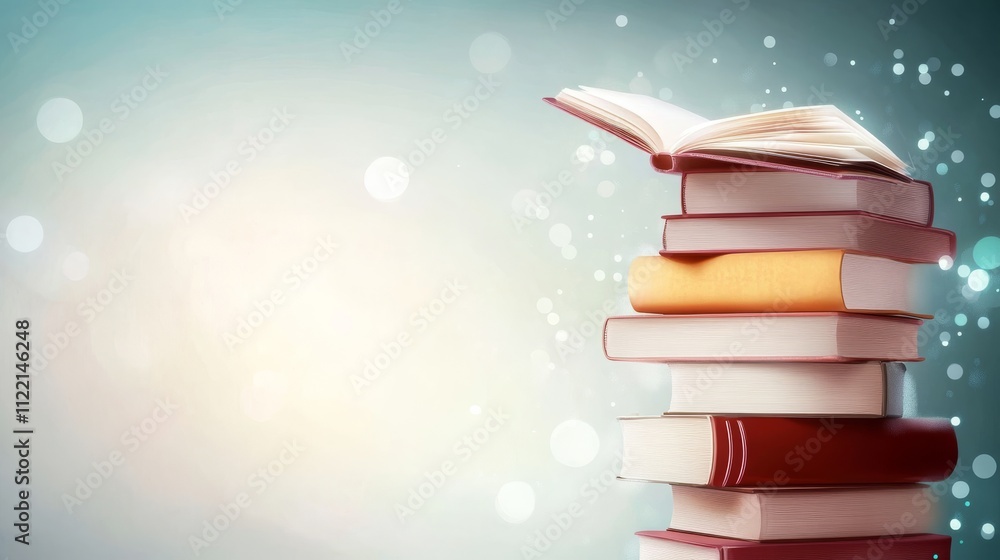 Poster stack of colorful books with a soft background.