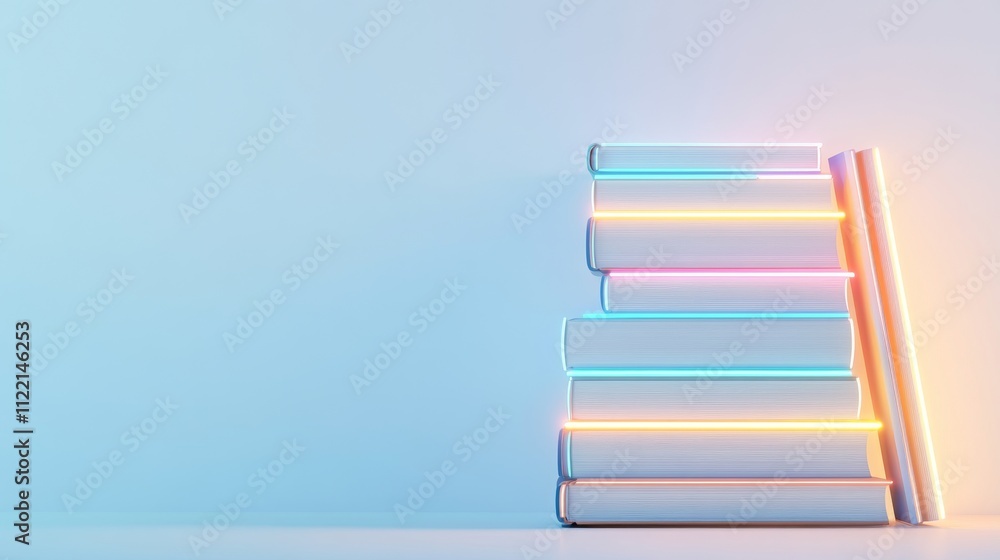 Poster stack of colorful books with glowing edges.