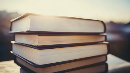 Fototapeta premium Stack of books under soft sunlight glow