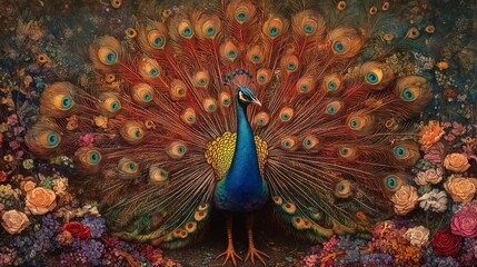 Obraz premium Majestic peacock amidst vibrant flowers.