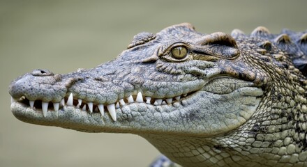 Obraz premium Close-up of crocodile showcasing intricate details of scales and teeth for wildlife and nature enthusiasts