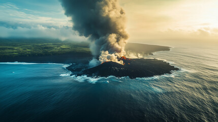 Fototapeta premium An aerial view of a volcanic island, showing smoke rising from its peak and lava streams entering the ocean
