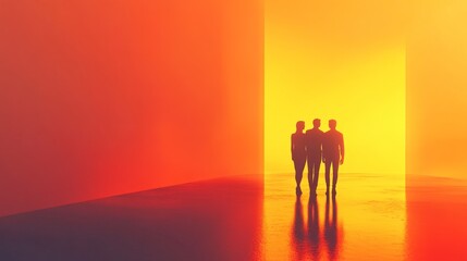 Fototapeta premium Three figures in vibrant, glowing environment.
