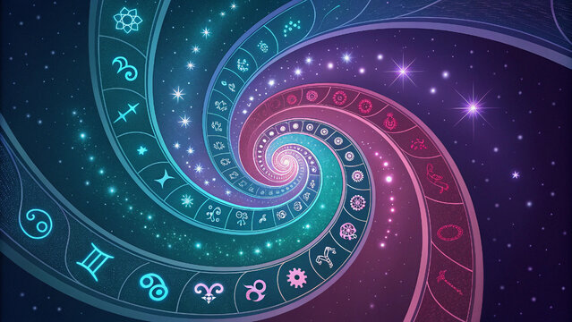 Farbige Spirale im Weltraum mit astrologischen Symbolen

