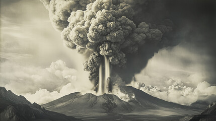 A volcanic eruption captured from a safe distance, showing an ash column towering into the sky and lava fountains shooting upwards