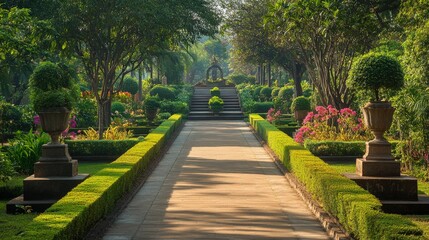 Obraz premium Tranquil garden path with lush greenery.