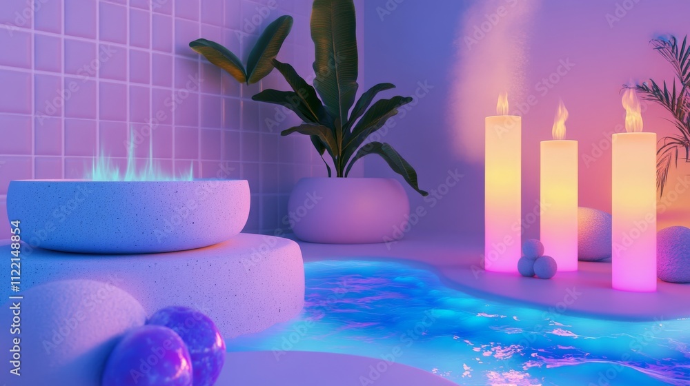 Poster tranquil spa setting with illuminated elements.