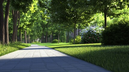 Tranquil path through lush green trees.