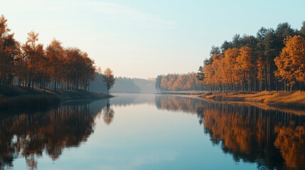 Tranquil riverside view with autumn trees.