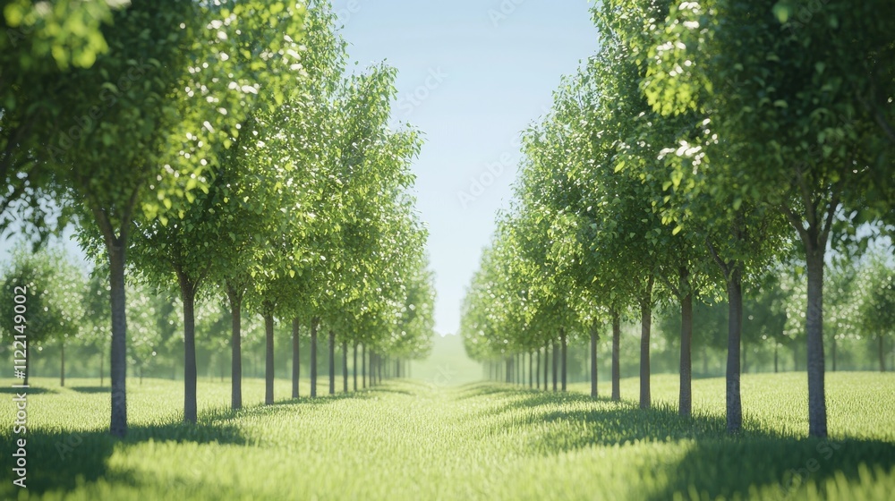 Poster tree-lined path in a serene green landscape.