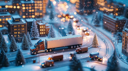 Festive Winter Cityscape  Semi Truck Delivery in Snowy Night