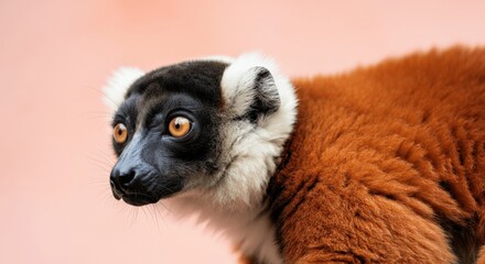 Obraz premium Close-up of a red ruffed lemur against a soft pink background