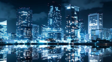 Urban skyline reflecting in serene water at night.