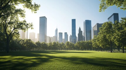 Obraz premium Urban skyline with green park under sunlight.