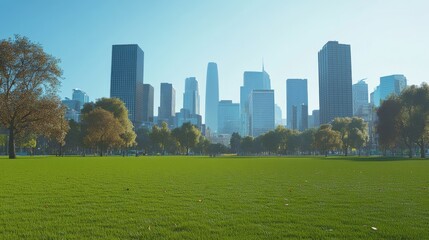 Fototapeta premium Vibrant city skyline with lush green park.