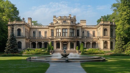 Obraz premium Grand mansion with fountain and manicured gardens on a sunny day.