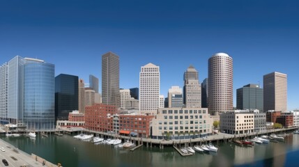 Fototapeta premium A panoramic view of a modern city skyline with buildings and a marina.