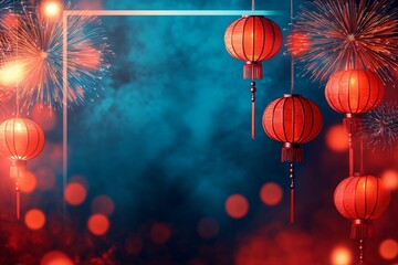 Red Chinese lanterns and fireworks on dark blue background. Traditional Asian New Year celebration. Festive oriental holiday decorations with copy space