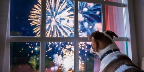 Dog looking out of window at fireworks in night sky Generative aI